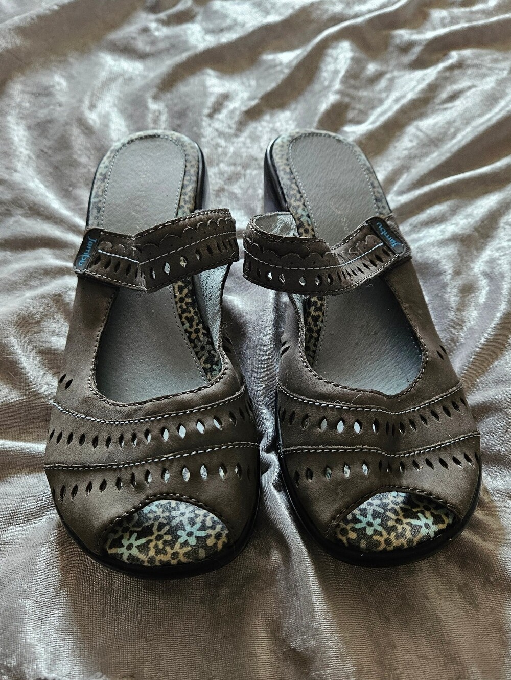 Jambu Concrete Grey Leather Wedge Peep Toe Mules with Aqua, Cream Floral Accents